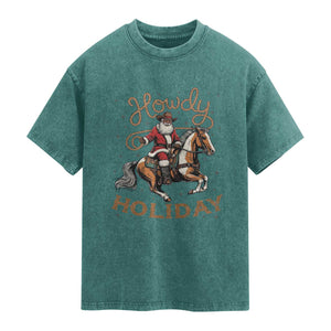 Black Santa Howdy Western Cowboy Washed Cotton T-Shirt Christmas Gift