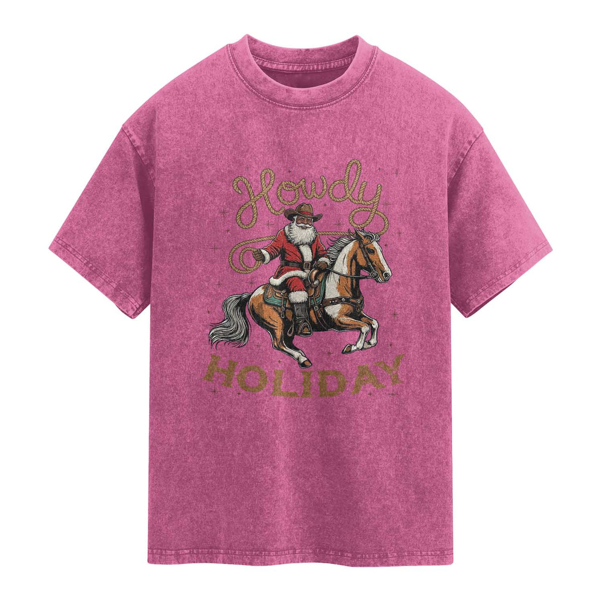 Black Santa Howdy Western Cowboy Washed Cotton T-Shirt Christmas Gift