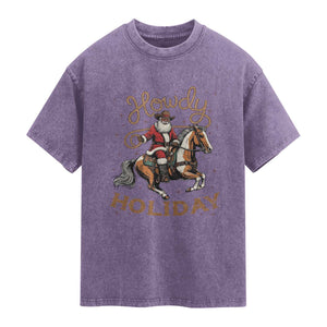 Black Santa Howdy Western Cowboy Washed Cotton T-Shirt Christmas Gift