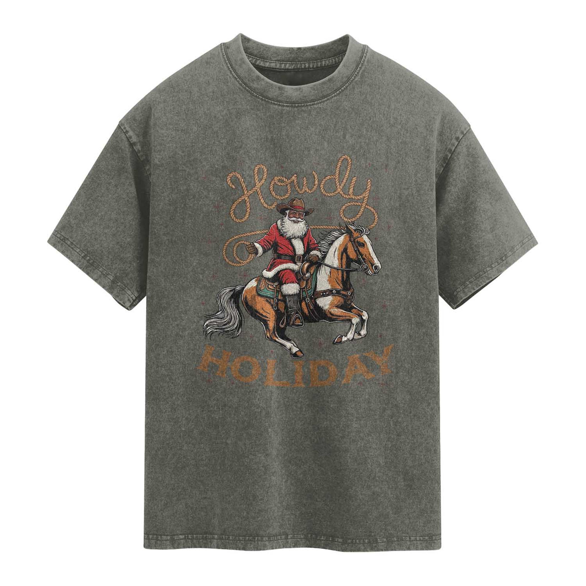 Black Santa Howdy Western Cowboy Washed Cotton T-Shirt Christmas Gift