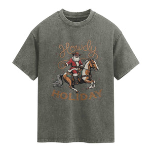 Black Santa Howdy Western Cowboy Washed Cotton T-Shirt Christmas Gift