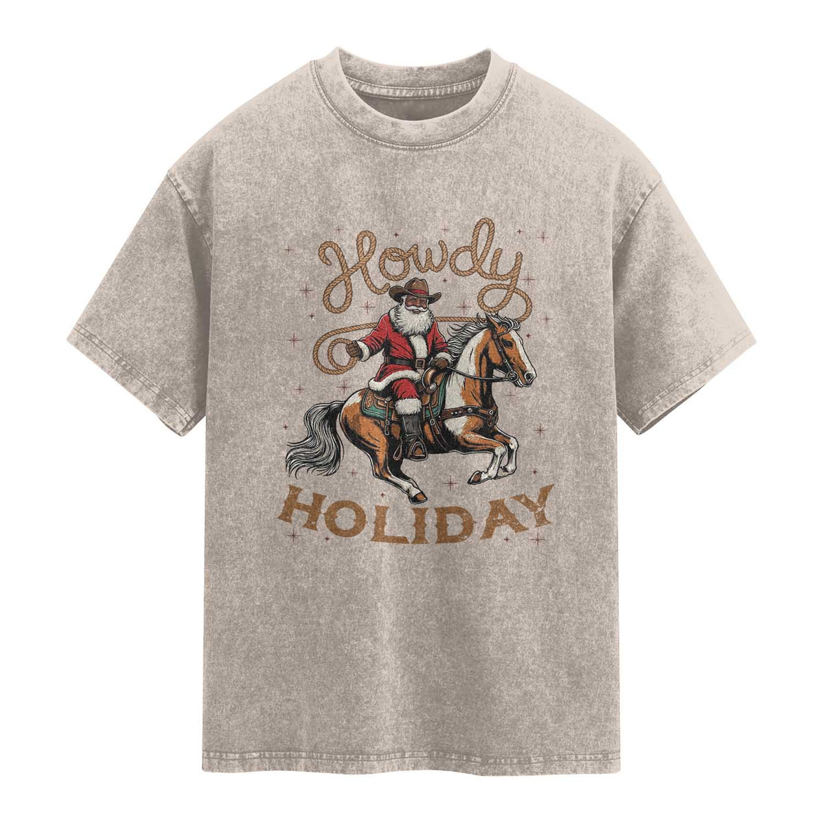 Black Santa Howdy Western Cowboy Washed Cotton T-Shirt Christmas Gift