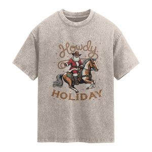 Black Santa Howdy Western Cowboy Washed Cotton T-Shirt Christmas Gift