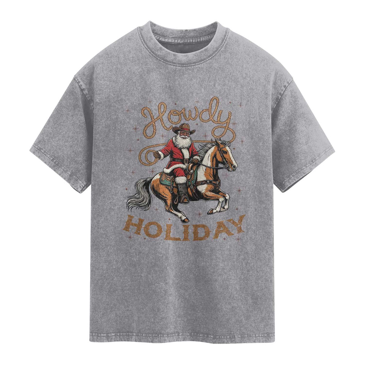 Black Santa Howdy Western Cowboy Washed Cotton T-Shirt Christmas Gift