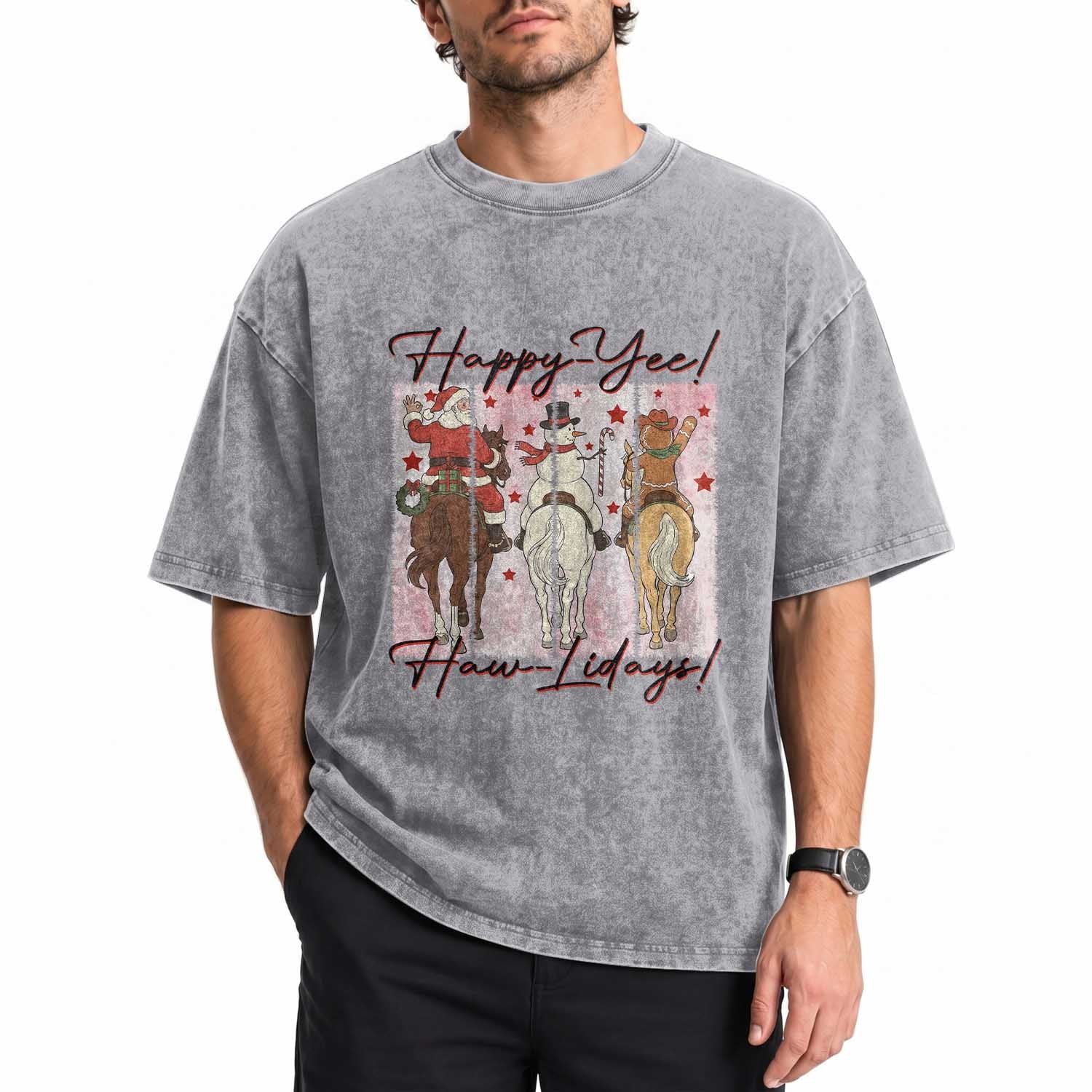 Western Christmas Horse Rider Washed Cotton T-Shirt Happy Yee Haw Lidays