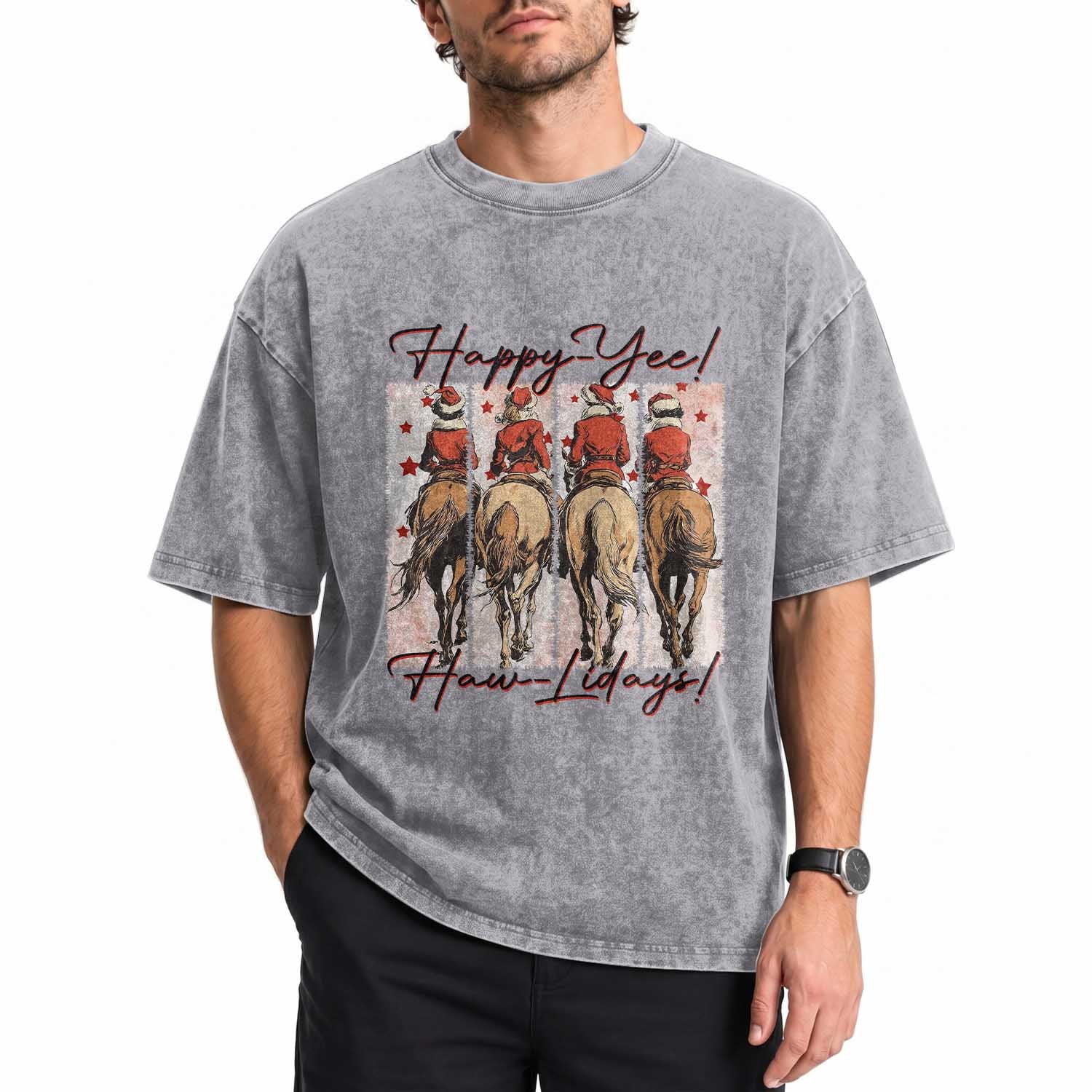 Happy Yee Haw Lidays Washed Cotton T-Shirt Western Christmas Horse Rider Cowgirl Gift