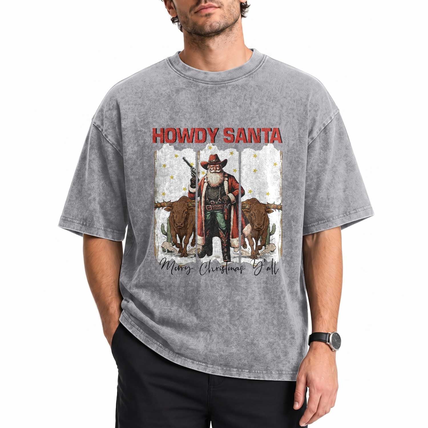 Howdy Santa Merry Christmas Y'all Washed Cotton T-Shirt Funny Western Bull Riding