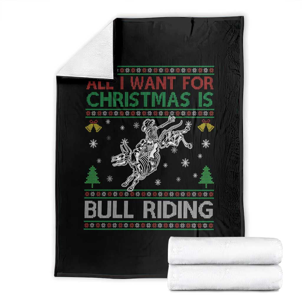 All I Want For Christmas Is Bull Riding Throw Blanket Skeleton Cowboy Ugly Sweater Gift TS12 Black Print Your Wear