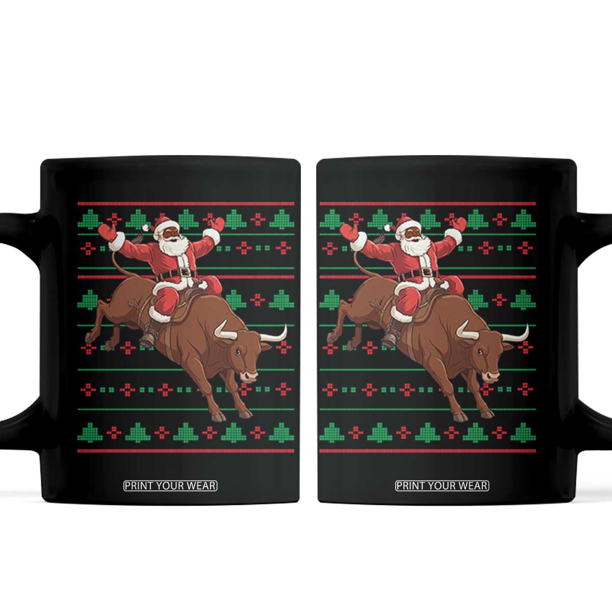 Funny Black Santa Riding Bull Coffee Mug Ugly Christmas Sweater Gift TS12 Black Print Your Wear