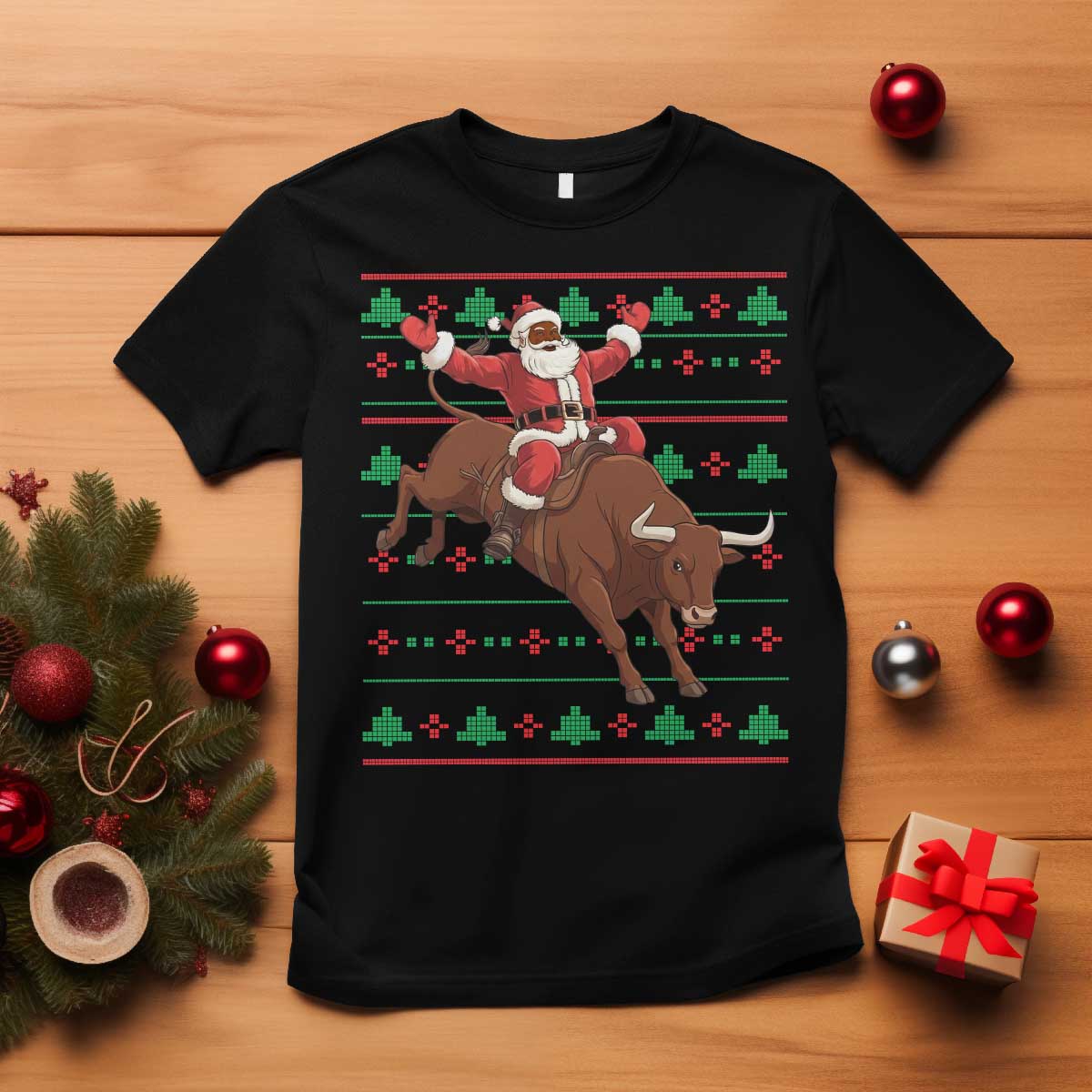 Funny Black Santa Riding Bull T Shirt Ugly Christmas Sweater Gift TS12 Black Print Your Wear