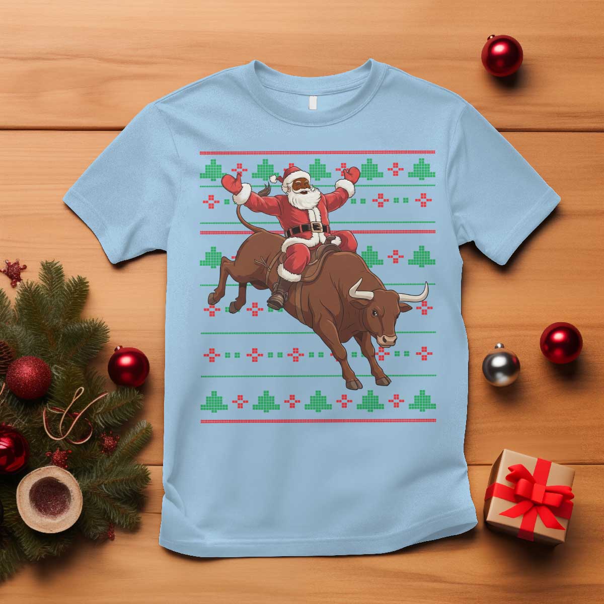 Funny Black Santa Riding Bull T Shirt Ugly Christmas Sweater Gift TS12 Light Blue Print Your Wear