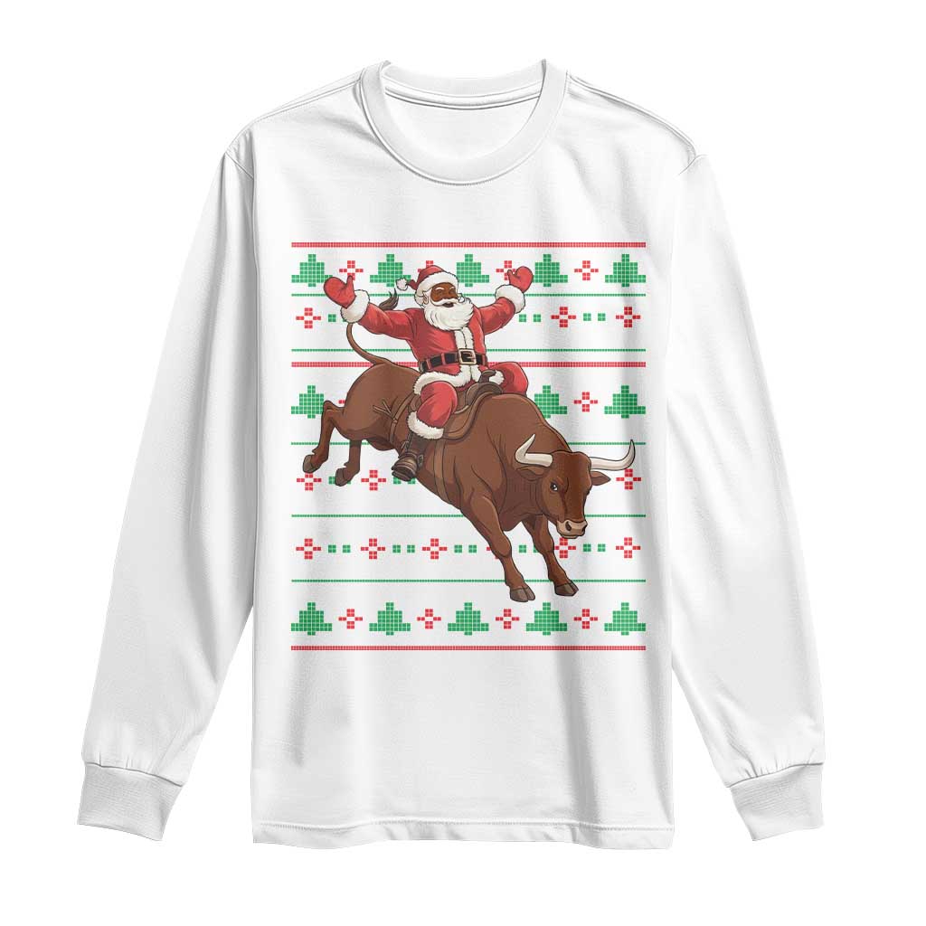 Funny Black Santa Riding Bull Long Sleeve Shirt Ugly Christmas Sweater Gift TS12 White Print Your Wear