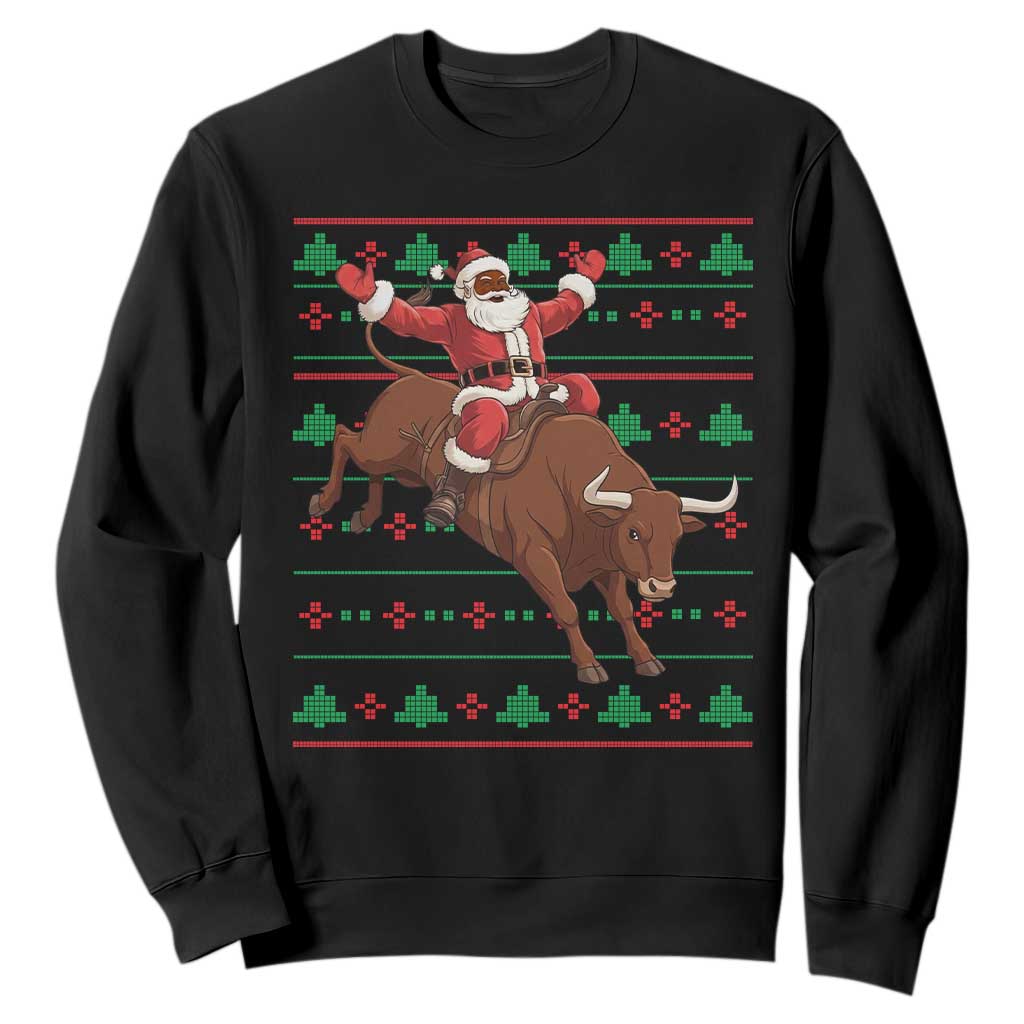 Funny Black Santa Riding Bull Sweatshirt Ugly Christmas Sweater Gift TS12 Black Print Your Wear