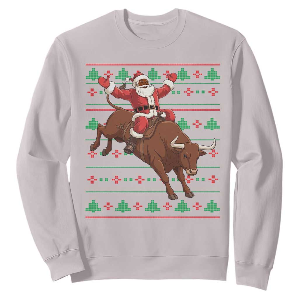 Funny Black Santa Riding Bull Sweatshirt Ugly Christmas Sweater Gift TS12 Ice Gray Print Your Wear