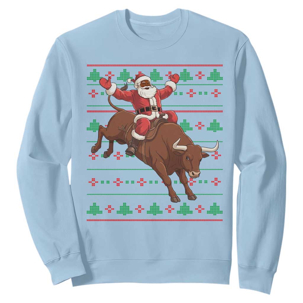 Funny Black Santa Riding Bull Sweatshirt Ugly Christmas Sweater Gift TS12 Light Blue Print Your Wear