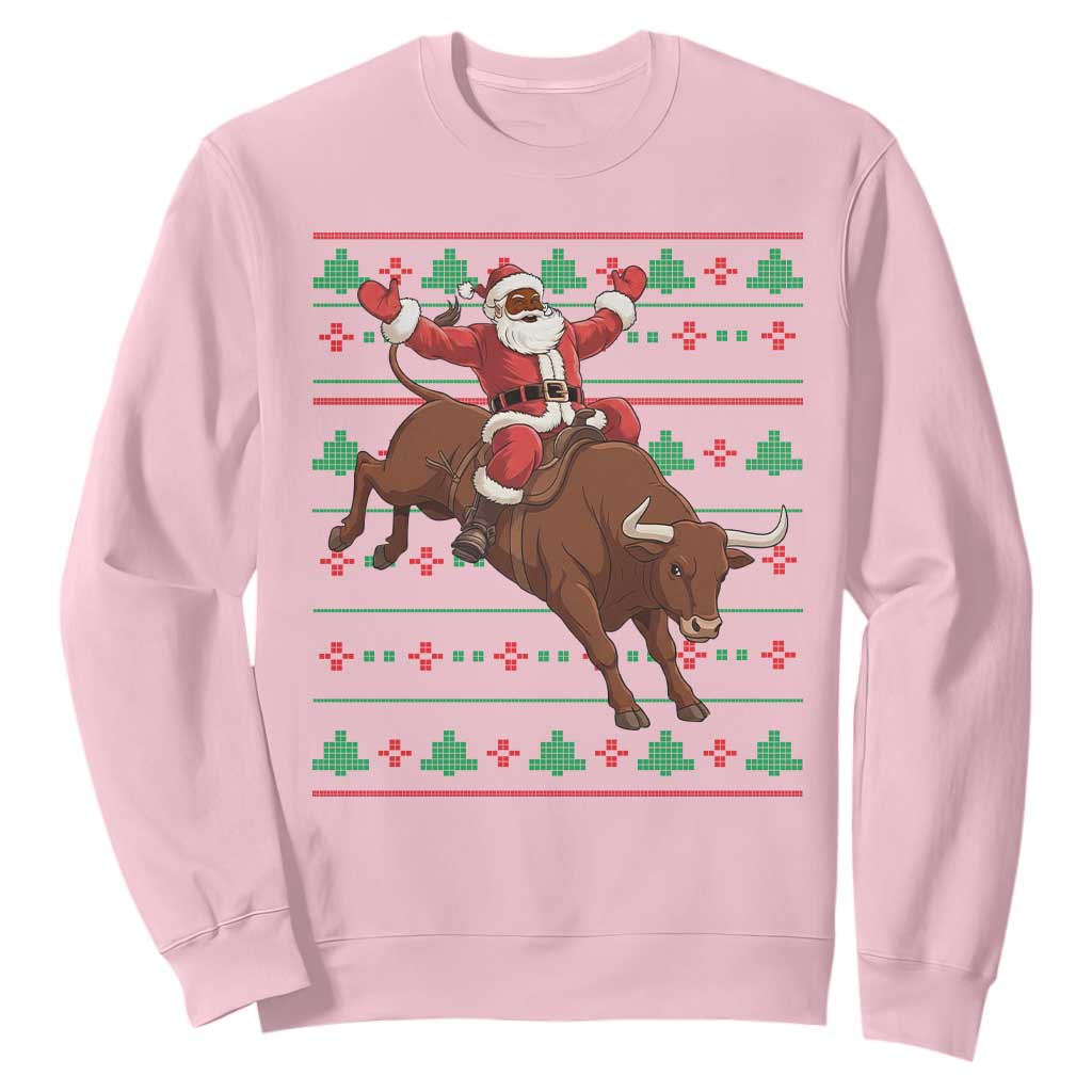 Funny Black Santa Riding Bull Sweatshirt Ugly Christmas Sweater Gift TS12 Light Pink Print Your Wear