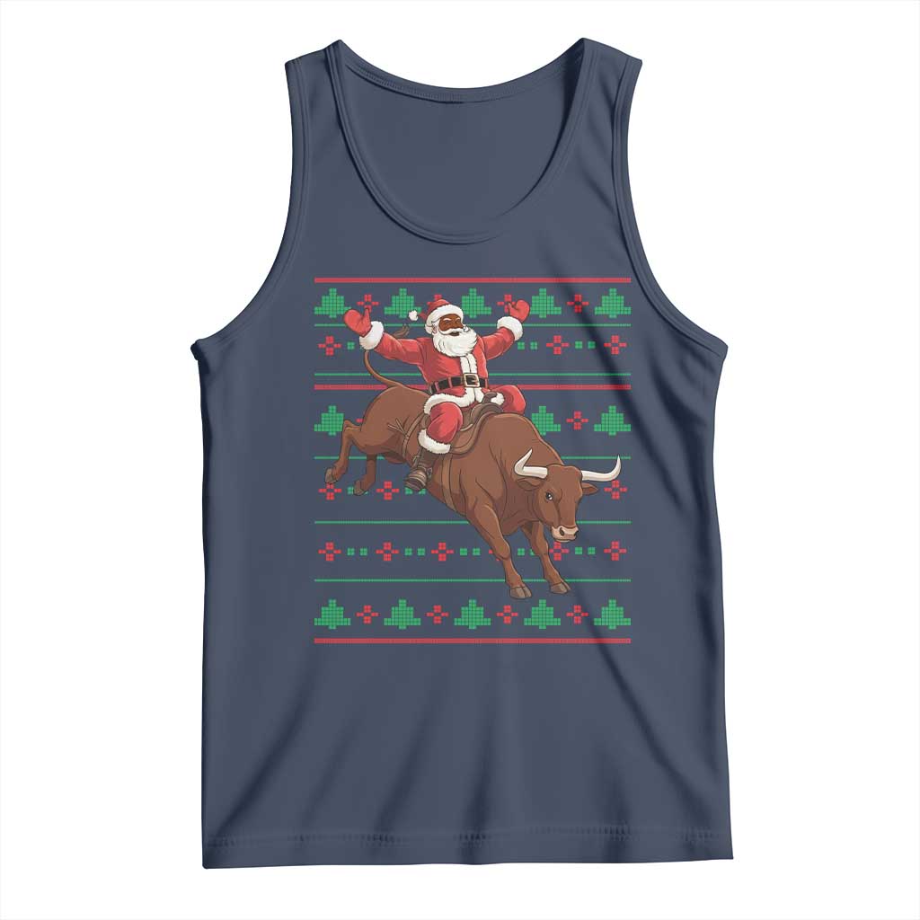 Funny Black Santa Riding Bull Tank Top Ugly Christmas Sweater Gift TS12 Navy Print Your Wear