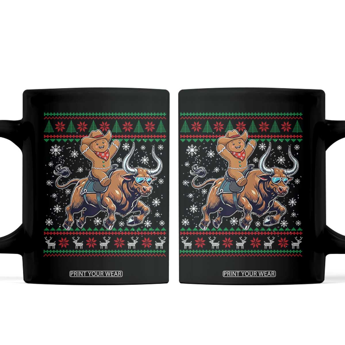 Funny Gingerbread Man Riding Bull Coffee Mug Cowboy Western Rodeo Christmas Gift TS12 Black Print Your Wear
