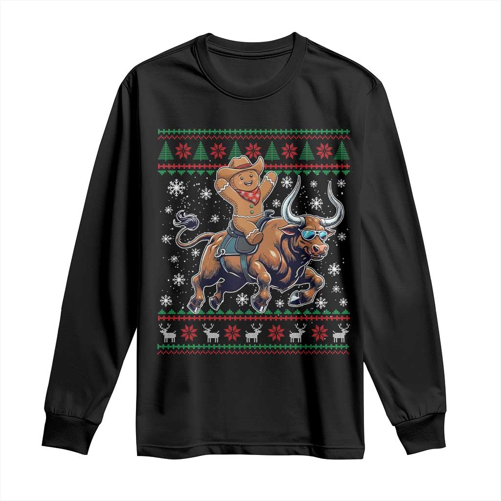 Funny Gingerbread Man Riding Bull Long Sleeve Shirt Cowboy Western Rodeo Christmas Gift TS12 Black Print Your Wear