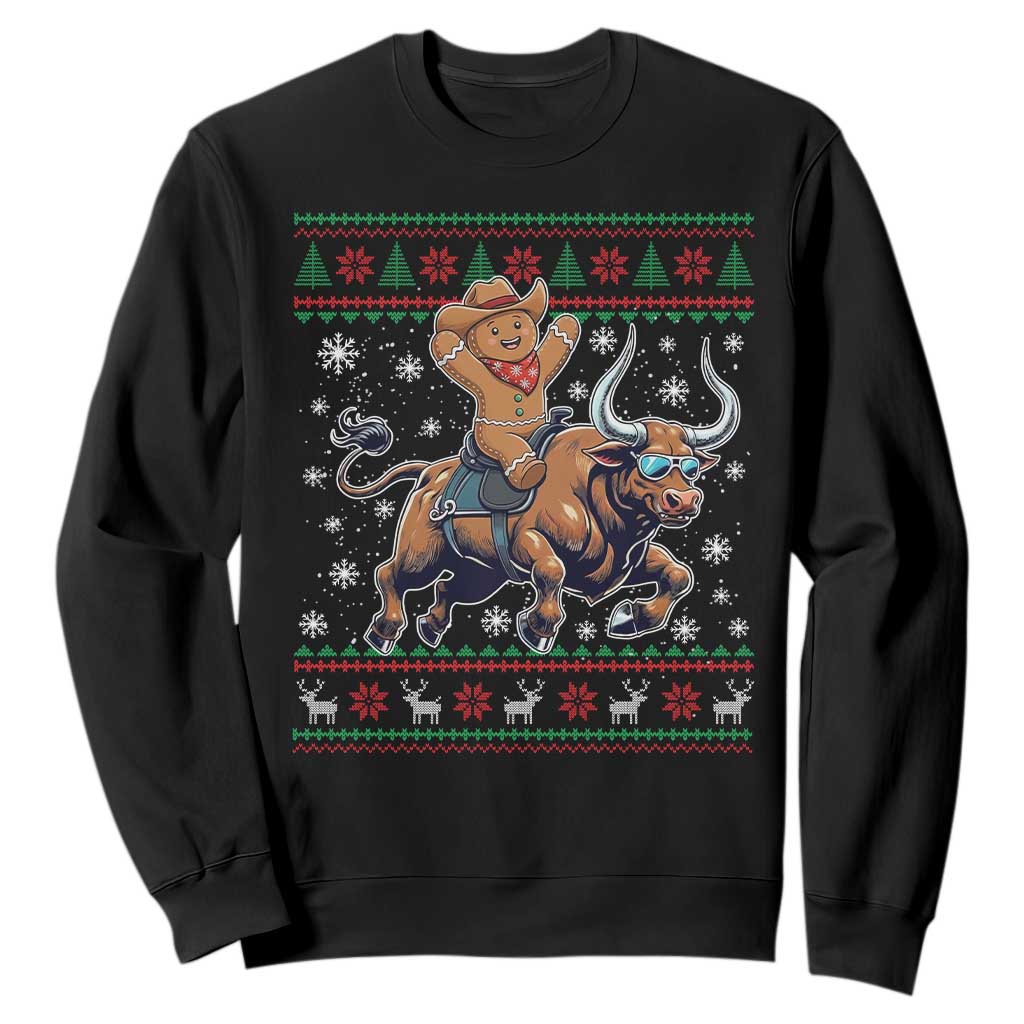 Funny Gingerbread Man Riding Bull Sweatshirt Cowboy Western Rodeo Christmas Gift TS12 Black Print Your Wear