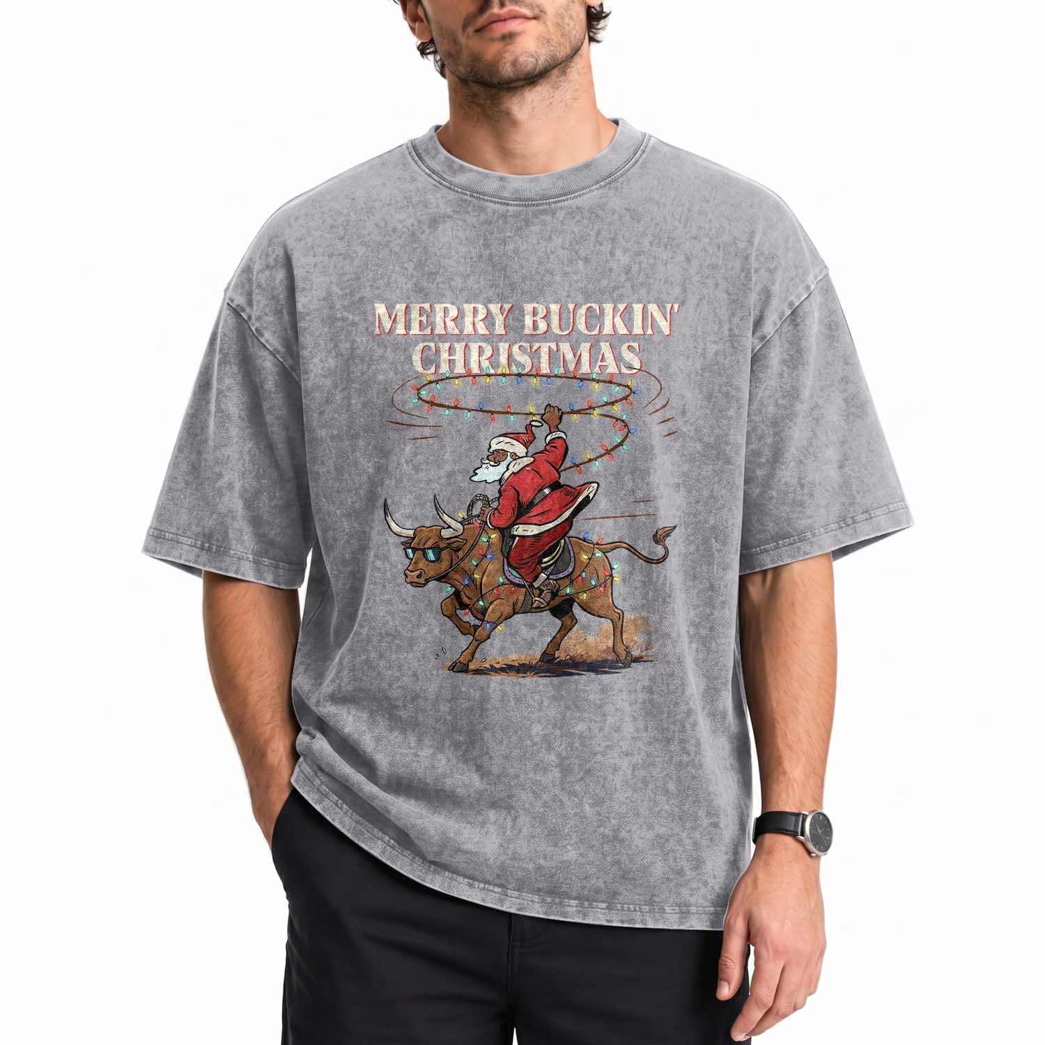 Merry Buckin Christmas Washed Cotton T-Shirt Black Santa Western Rodeo Gift