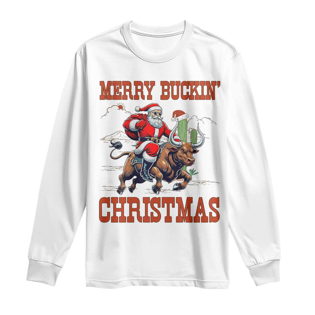 Western Black Santa Merry Buckin Christmas Long Sleeve Shirt Funny Rodeo TS12 White Print Your Wear