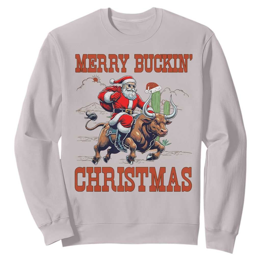 Western Black Santa Merry Buckin Christmas Sweatshirt Funny Rodeo TS12 Ice Gray Print Your Wear