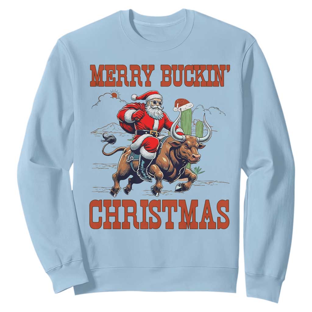 Western Black Santa Merry Buckin Christmas Sweatshirt Funny Rodeo TS12 Light Blue Print Your Wear