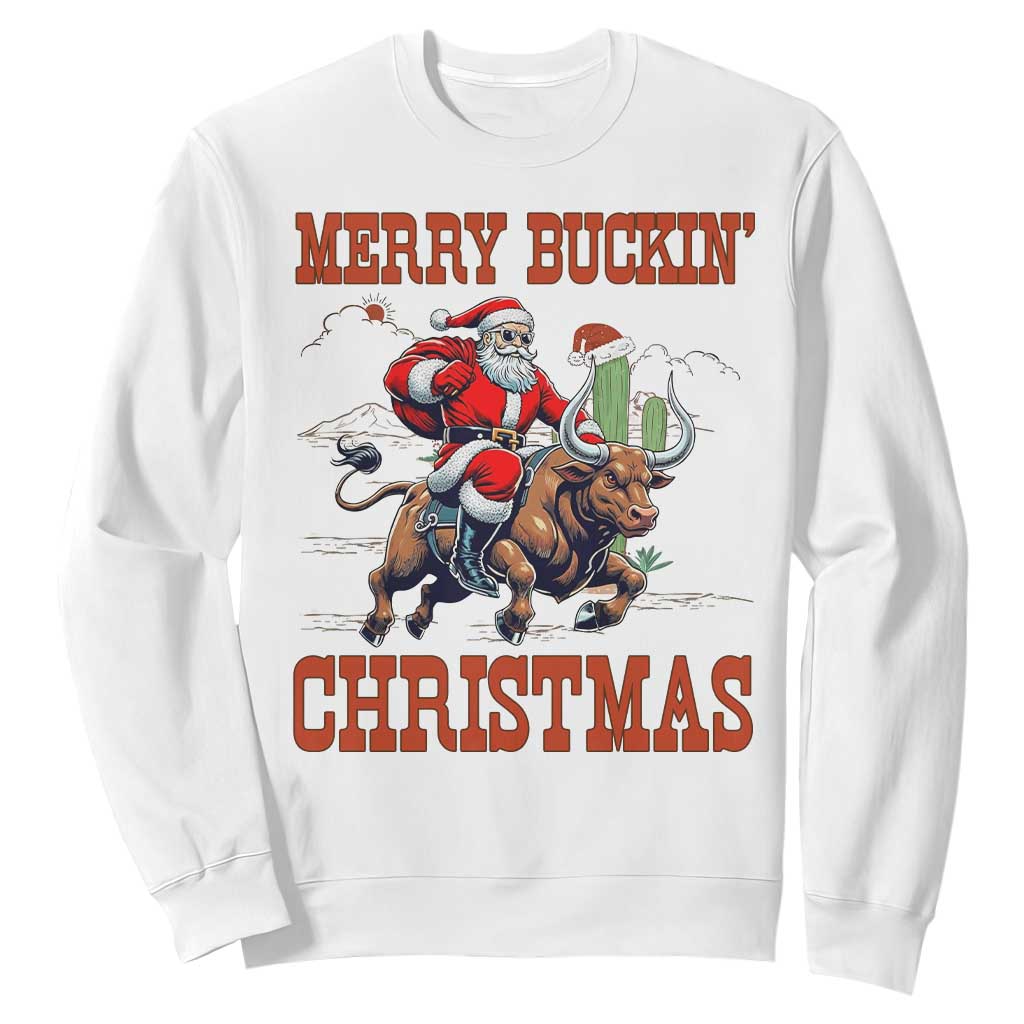 Western Black Santa Merry Buckin Christmas Sweatshirt Funny Rodeo TS12 White Print Your Wear