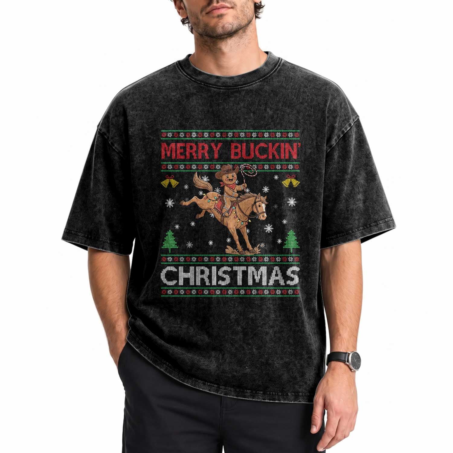 Funny Gingerbread Man Horse Rider Washed Cotton T-Shirt Merry Buckin Christmas Gift