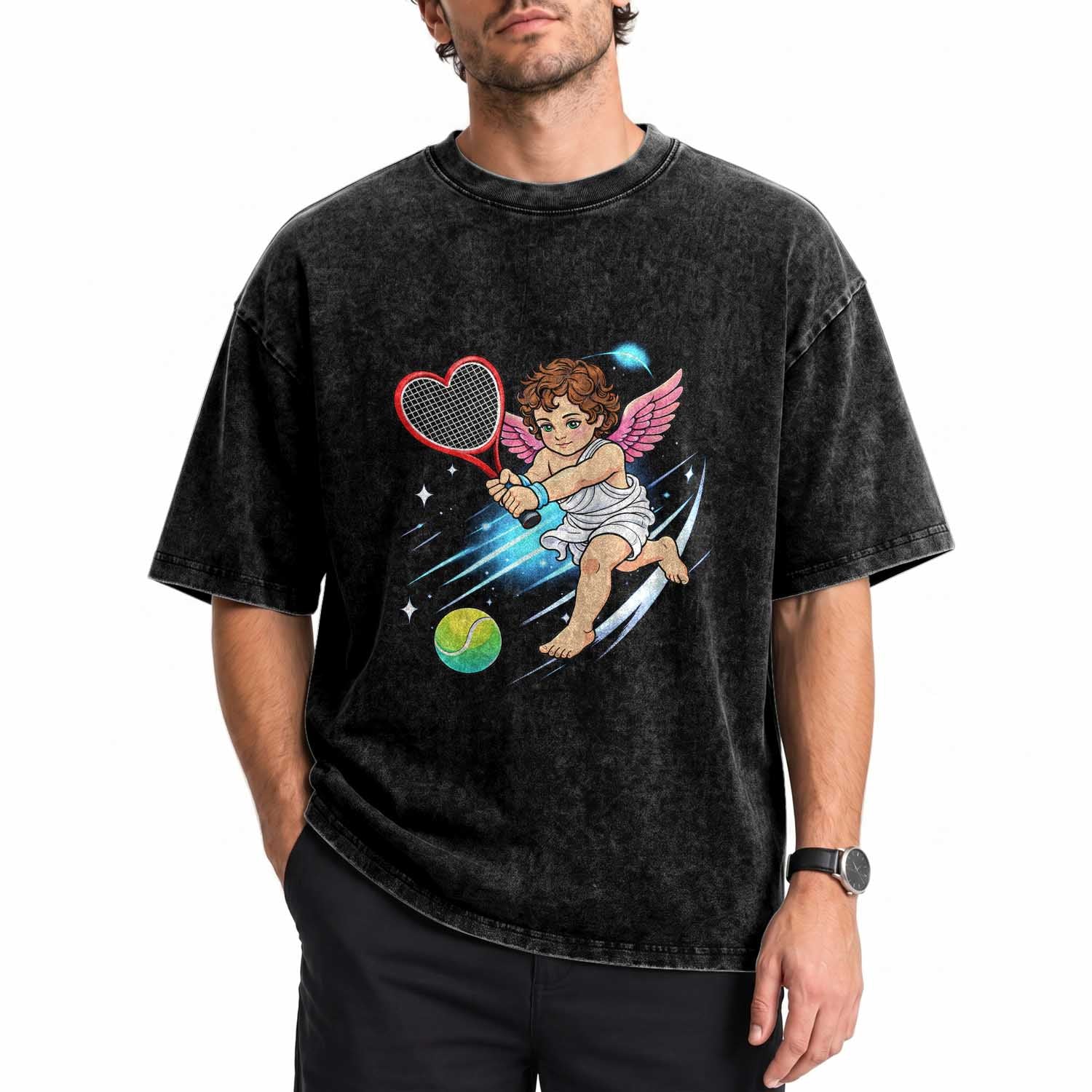 Funny Cupid Tennis Player Washed Cotton T-Shirt Valentines Day Gift