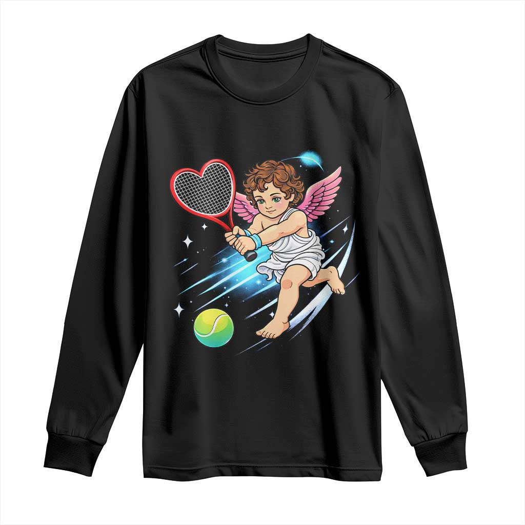 Funny Cupid Tennis Player Long Sleeve Shirt Valentines Day Gift TS12 Black Print Your Wear