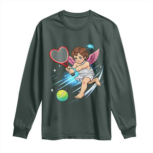 Funny Cupid Tennis Player Long Sleeve Shirt Valentines Day Gift TS12 Dark Forest Green Print Your Wear