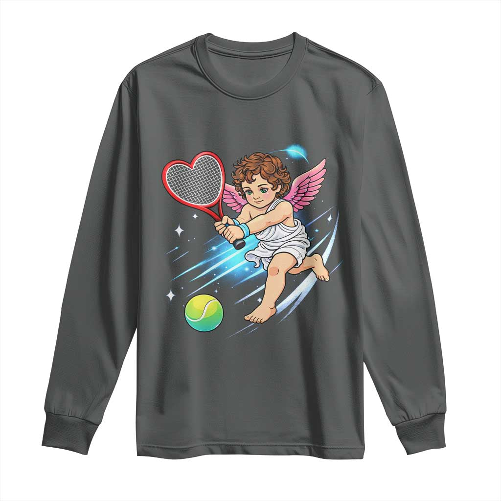 Funny Cupid Tennis Player Long Sleeve Shirt Valentines Day Gift TS12 Dark Heather Print Your Wear