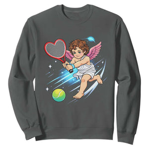Funny Cupid Tennis Player Sweatshirt Valentines Day Gift TS12 Dark Heather Print Your Wear