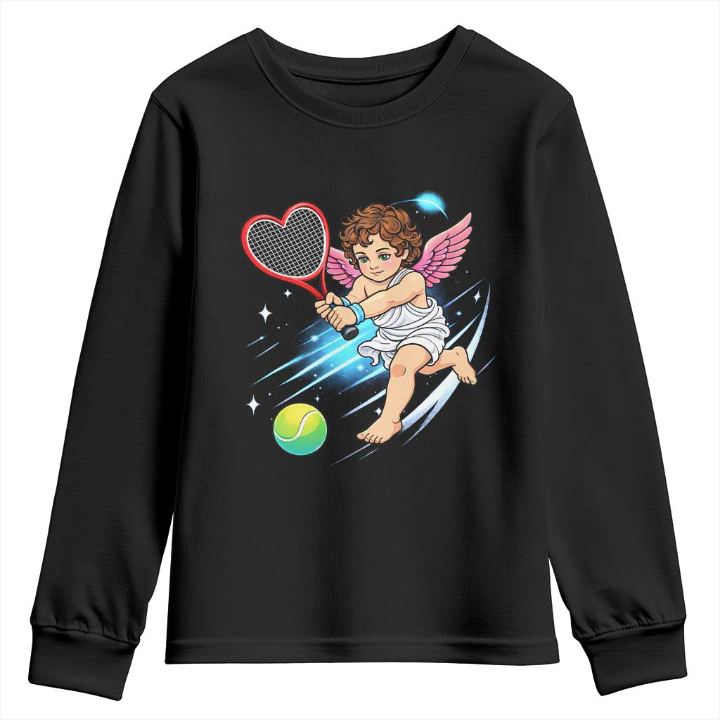 Funny Cupid Tennis Player Youth Sweatshirt Valentines Day Gift TS12 Black Print Your Wear