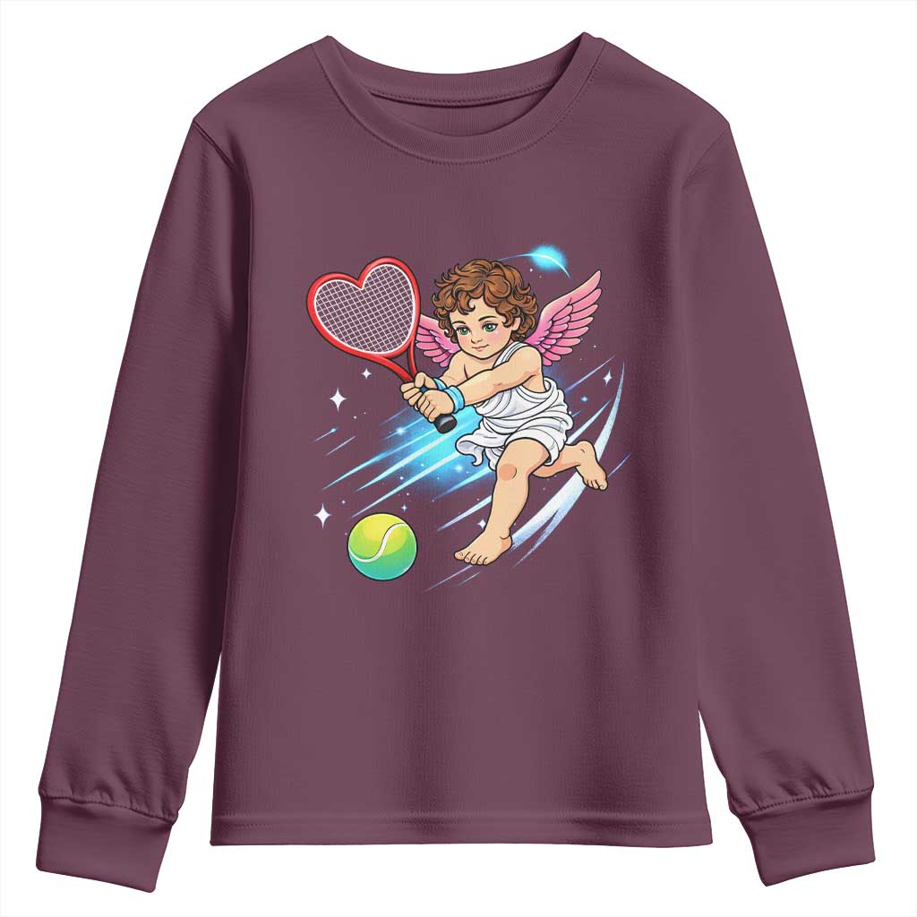 Funny Cupid Tennis Player Youth Sweatshirt Valentines Day Gift TS12 Maroon Print Your Wear