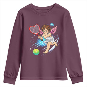 Funny Cupid Tennis Player Youth Sweatshirt Valentines Day Gift TS12 Maroon Print Your Wear