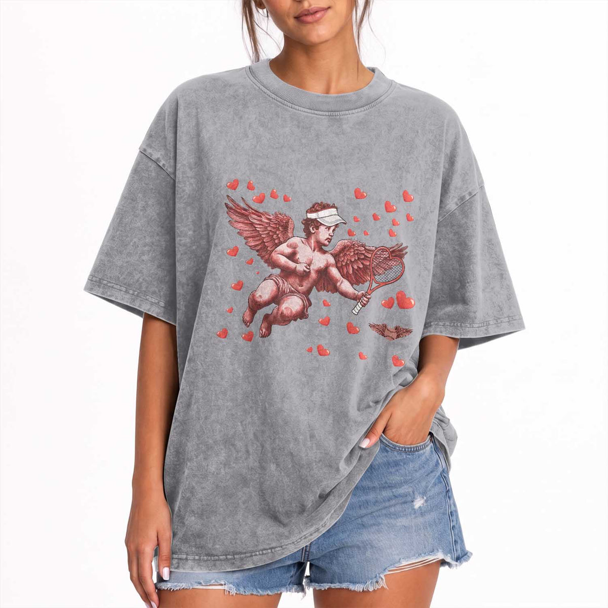 Cute Cupid Tennis Angel Washed Cotton T-Shirt Valentines Day Gift