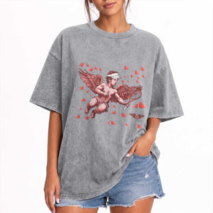 Cute Cupid Tennis Angel Washed Cotton T-Shirt Valentines Day Gift