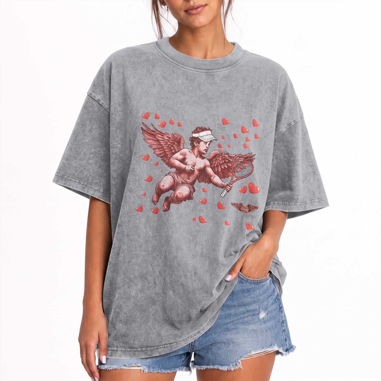 Cute Cupid Tennis Angel Washed Cotton T-Shirt Valentines Day Gift