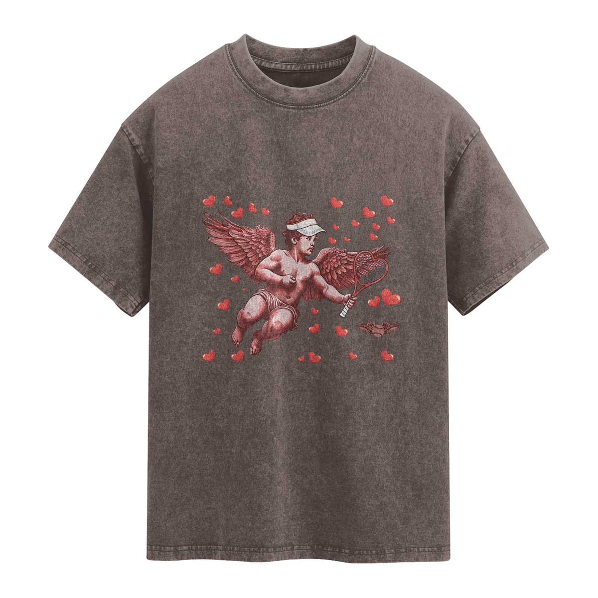Cute Cupid Tennis Angel Washed Cotton T-Shirt Valentines Day Gift