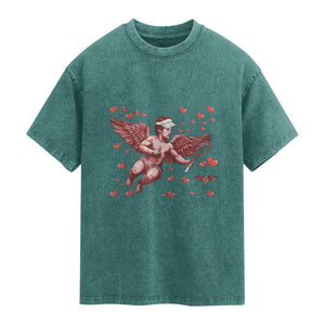 Cute Cupid Tennis Angel Washed Cotton T-Shirt Valentines Day Gift