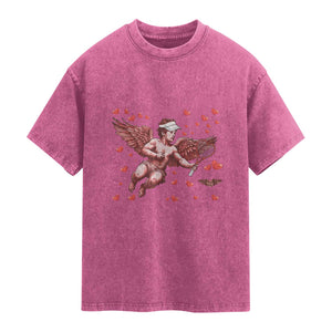 Cute Cupid Tennis Angel Washed Cotton T-Shirt Valentines Day Gift