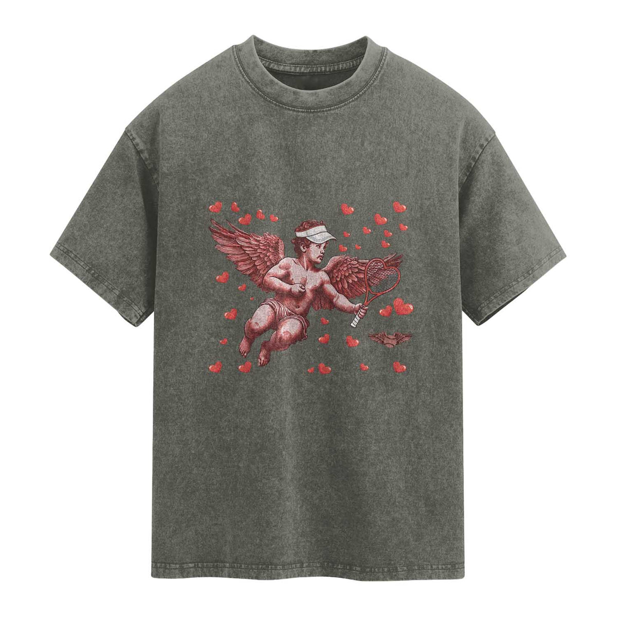Cute Cupid Tennis Angel Washed Cotton T-Shirt Valentines Day Gift