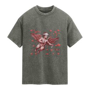 Cute Cupid Tennis Angel Washed Cotton T-Shirt Valentines Day Gift