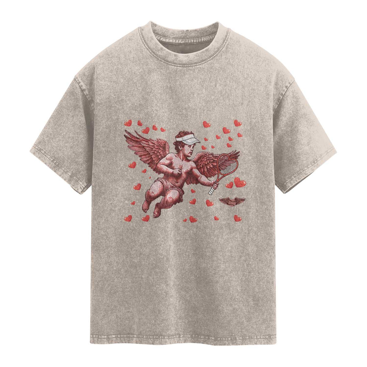 Cute Cupid Tennis Angel Washed Cotton T-Shirt Valentines Day Gift