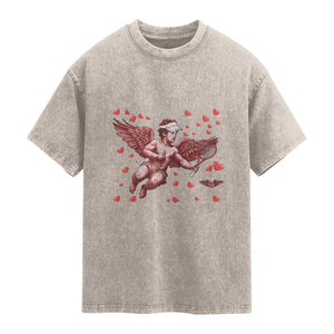 Cute Cupid Tennis Angel Washed Cotton T-Shirt Valentines Day Gift