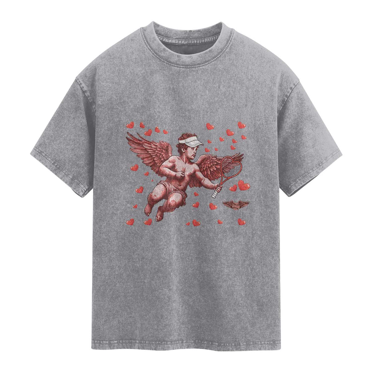 Cute Cupid Tennis Angel Washed Cotton T-Shirt Valentines Day Gift