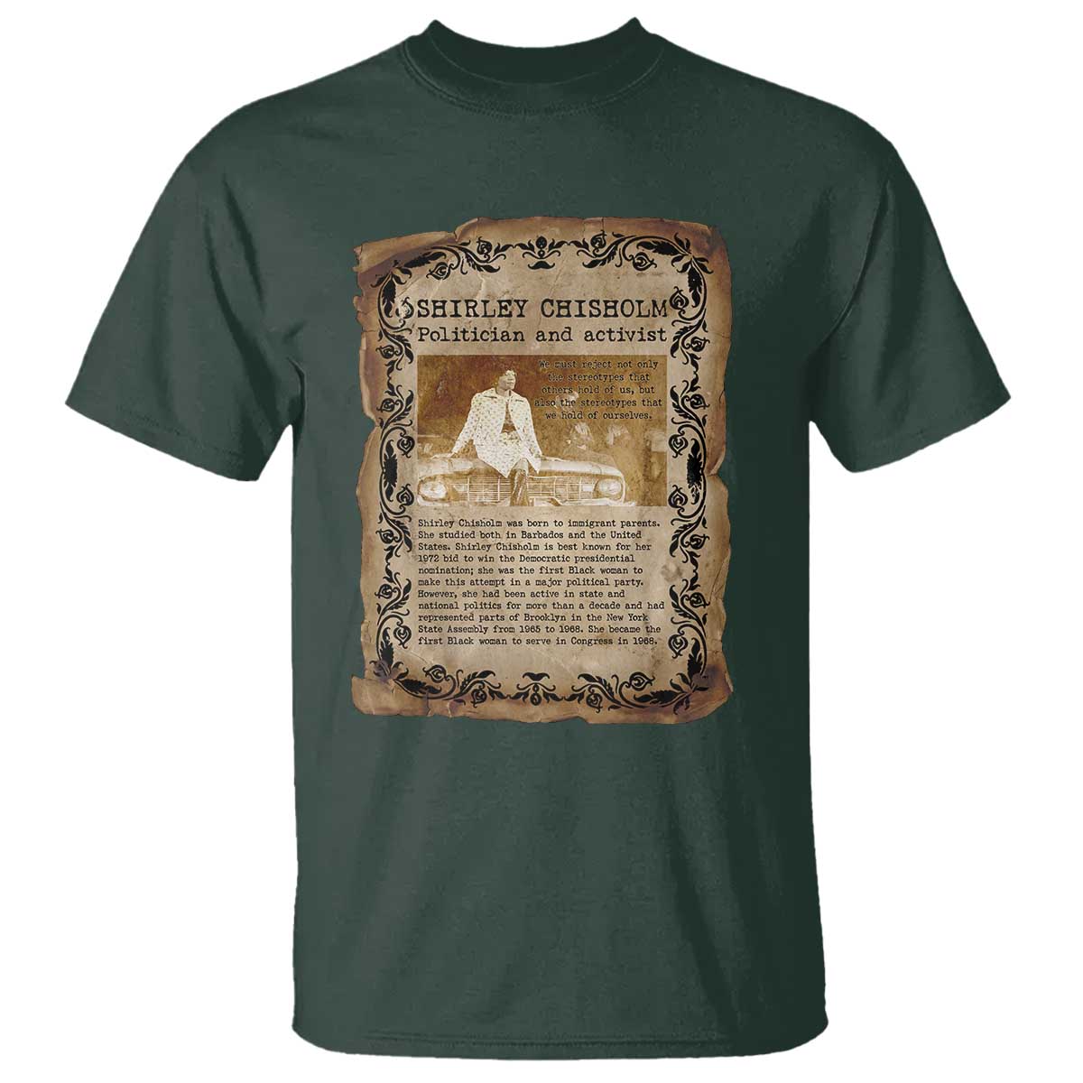 Vintage Newspaper Shirley Chisholm T Shirt Black History Month Gift TS12 Dark Forest Green Print Your Wear